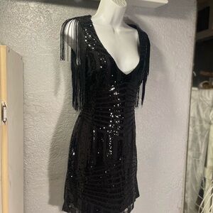 Chic Black Sequin Fringe Mini Dress